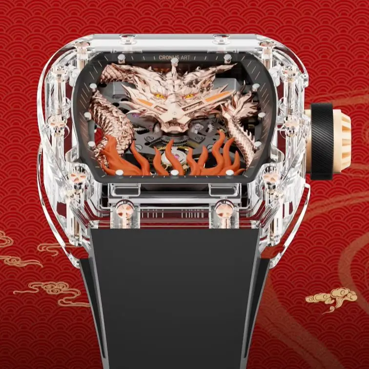 

CRONUSART Мужские автоматические часы 50 мм Tonneau Механические наручные часы Акриловый корпус Светящийся скелет Дракон Циферблат Фторкаучуковый ремешок