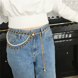 Pearl Chain Belts for Women Leather Luxury Jeans Metal Multi-layer Flower Straps Womans Belt for Dress Waist Chain Ladies