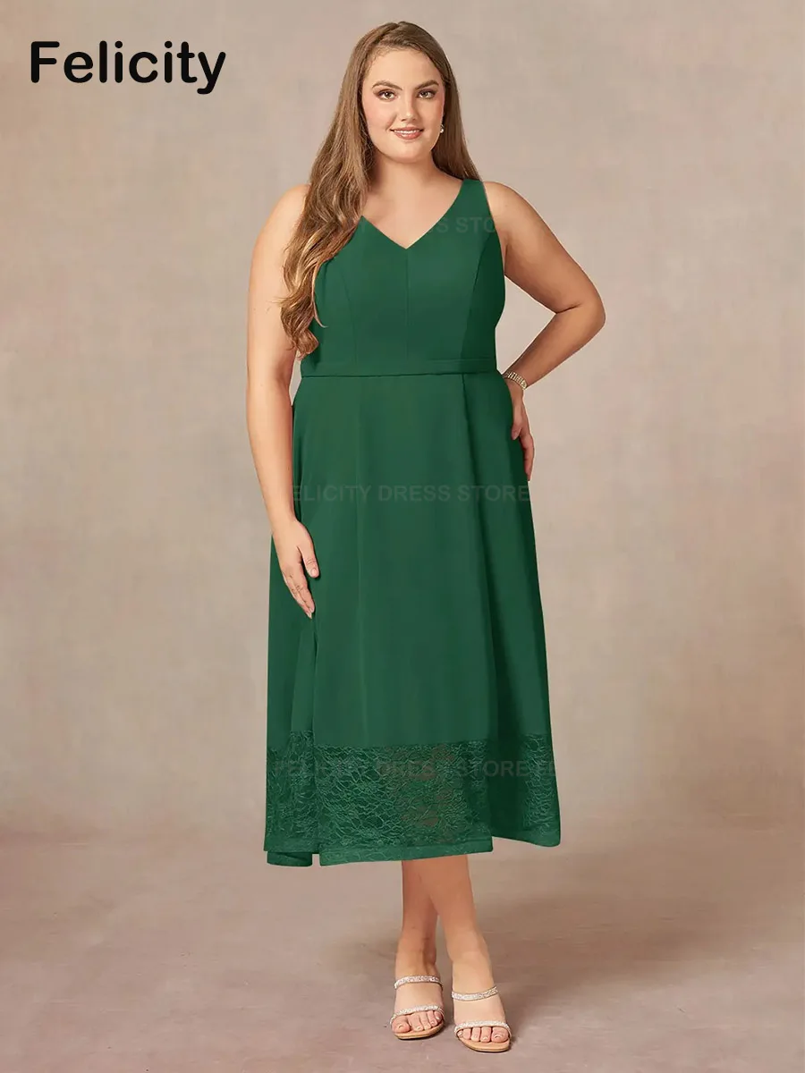 Vestido verde de talla grande para madre de la novia, traje acampanado con cuello en V para invitados de boda, encaje de gasa, largo hasta el té, 2023