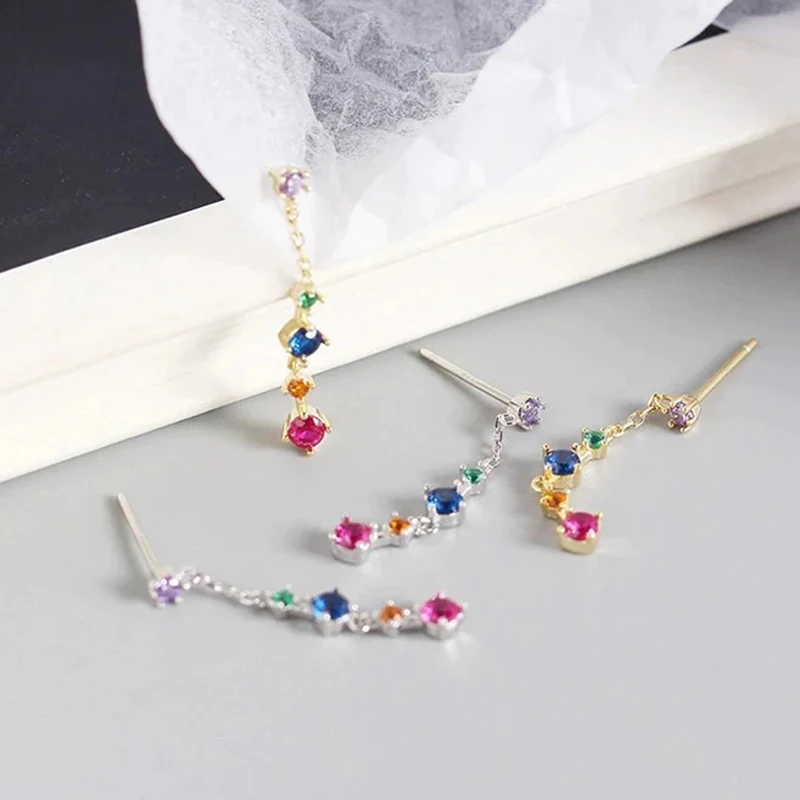 925 Sterling Silver Ear Needle Exquisite Long Chain Tassel Stud Earrings For Women Colorful Crystal Chain Earring Luxury Jewelry