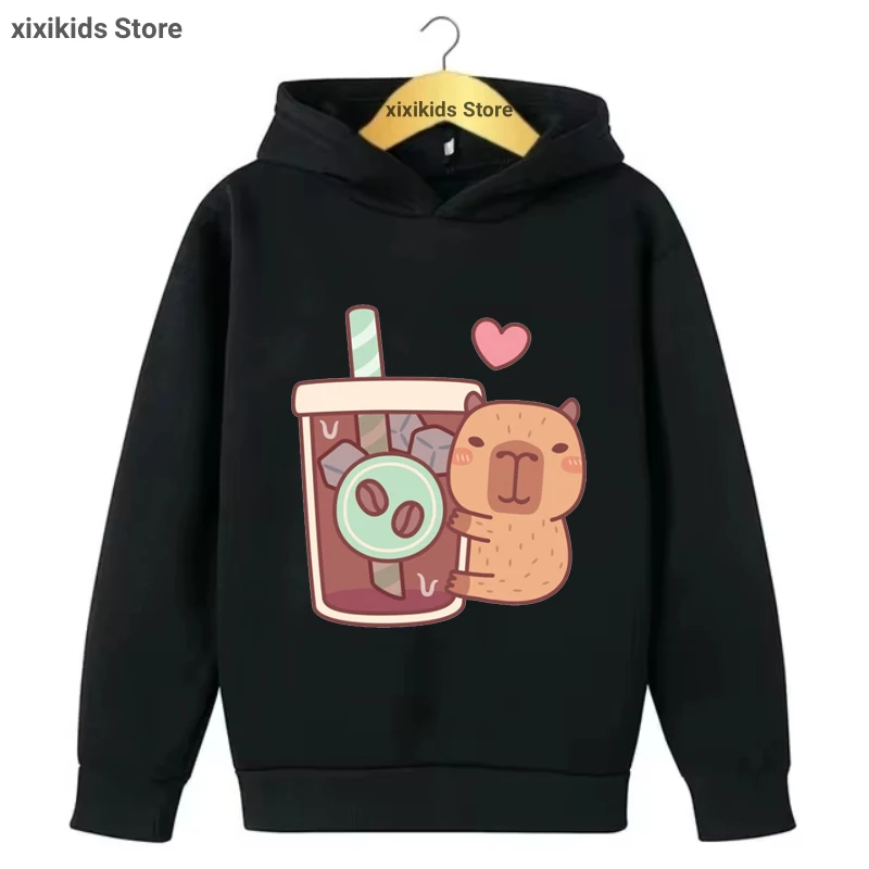 Cute Capybara Loves Juice Printed Cap Hoodies Girls/Boys Kawaii Kids Clothes Spring/Autumn/ Winter Plus Velvet Sweastshirt Tops