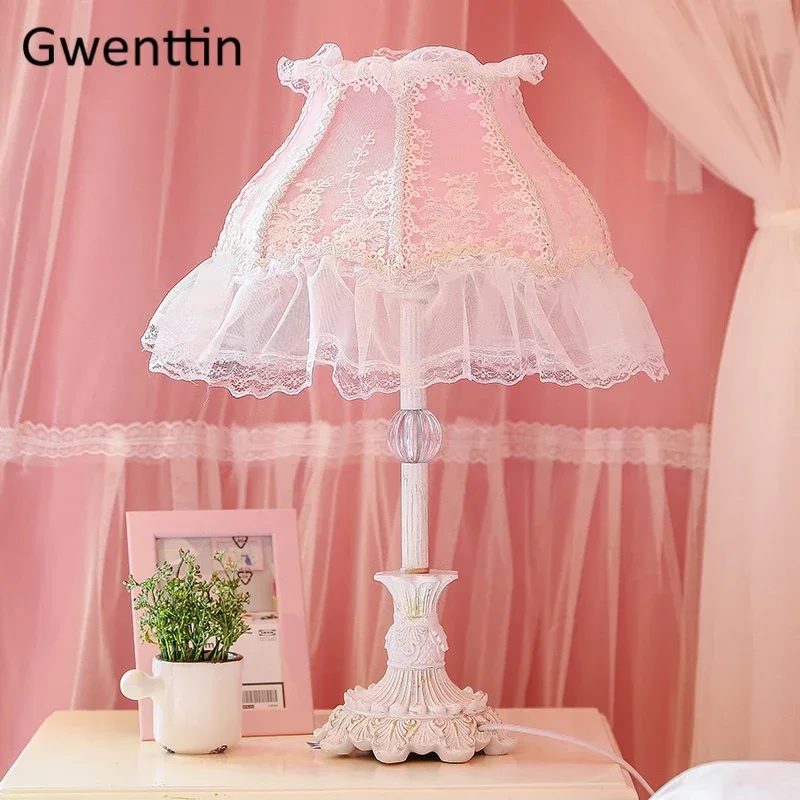Korean Style Lace Fabric Table Lamp Led Stand Desk Lighting Fixtures for Home Wedding Decor Princess Girls Bedroom Bedside Light