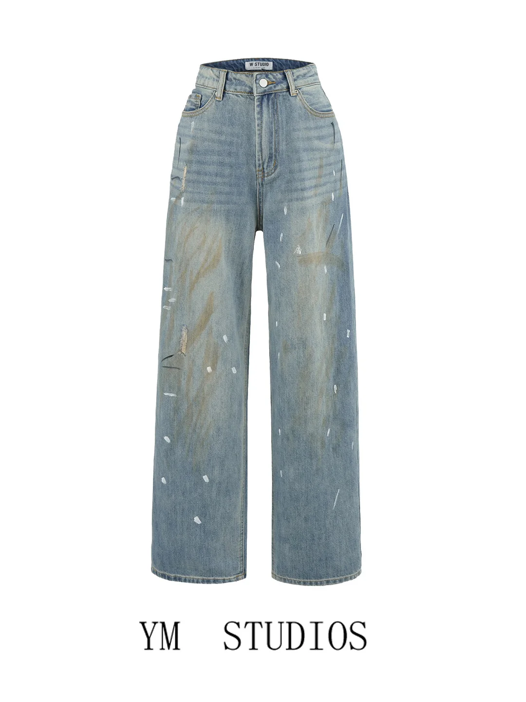 

Retro American Heavyweight Waed out fiti Painted Denim Wide Leg Pants High Waist Zipper Closure Loose Fit Ladies Jeans