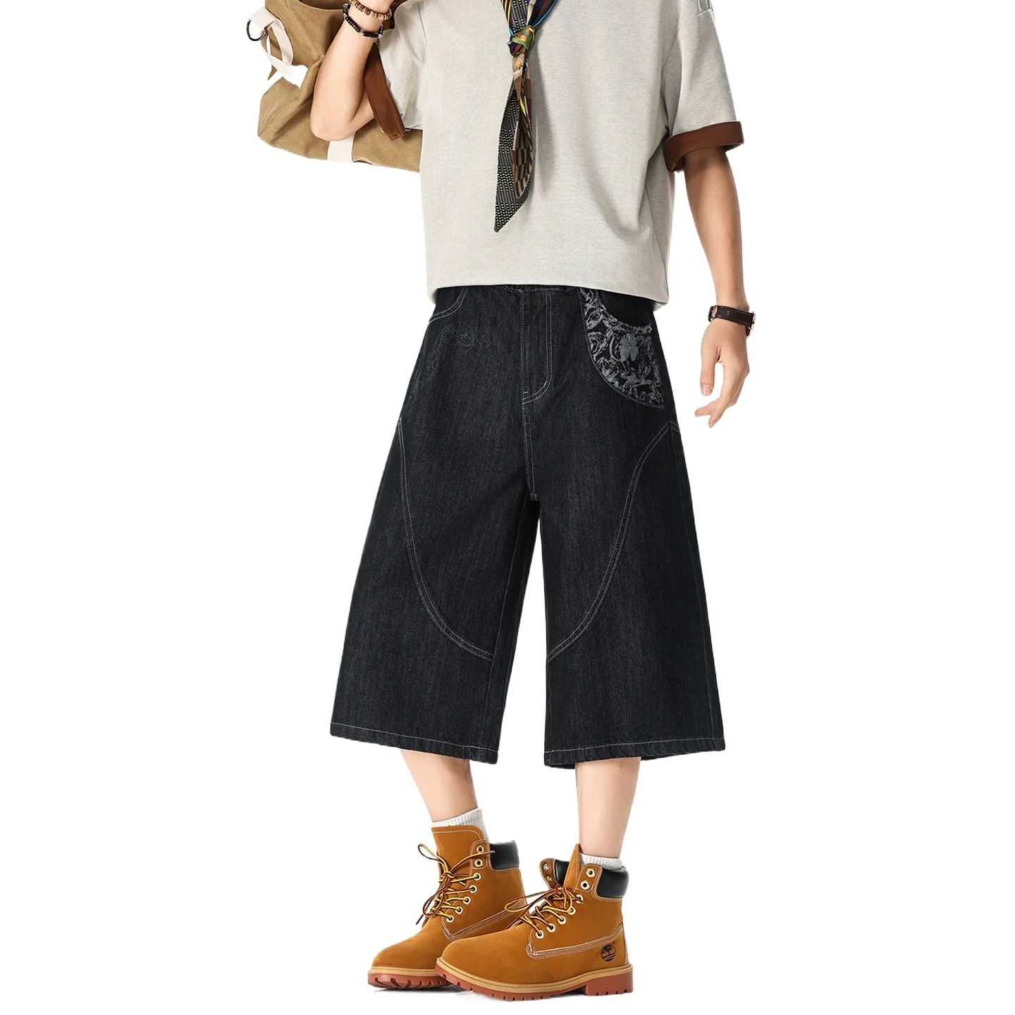 

Men's Denim Shorts Summer Fashion Breathable Cotton Blend Trendy Patchwork Wide Leg Jeans 7-Point-Pants Streetwear Daily Commute