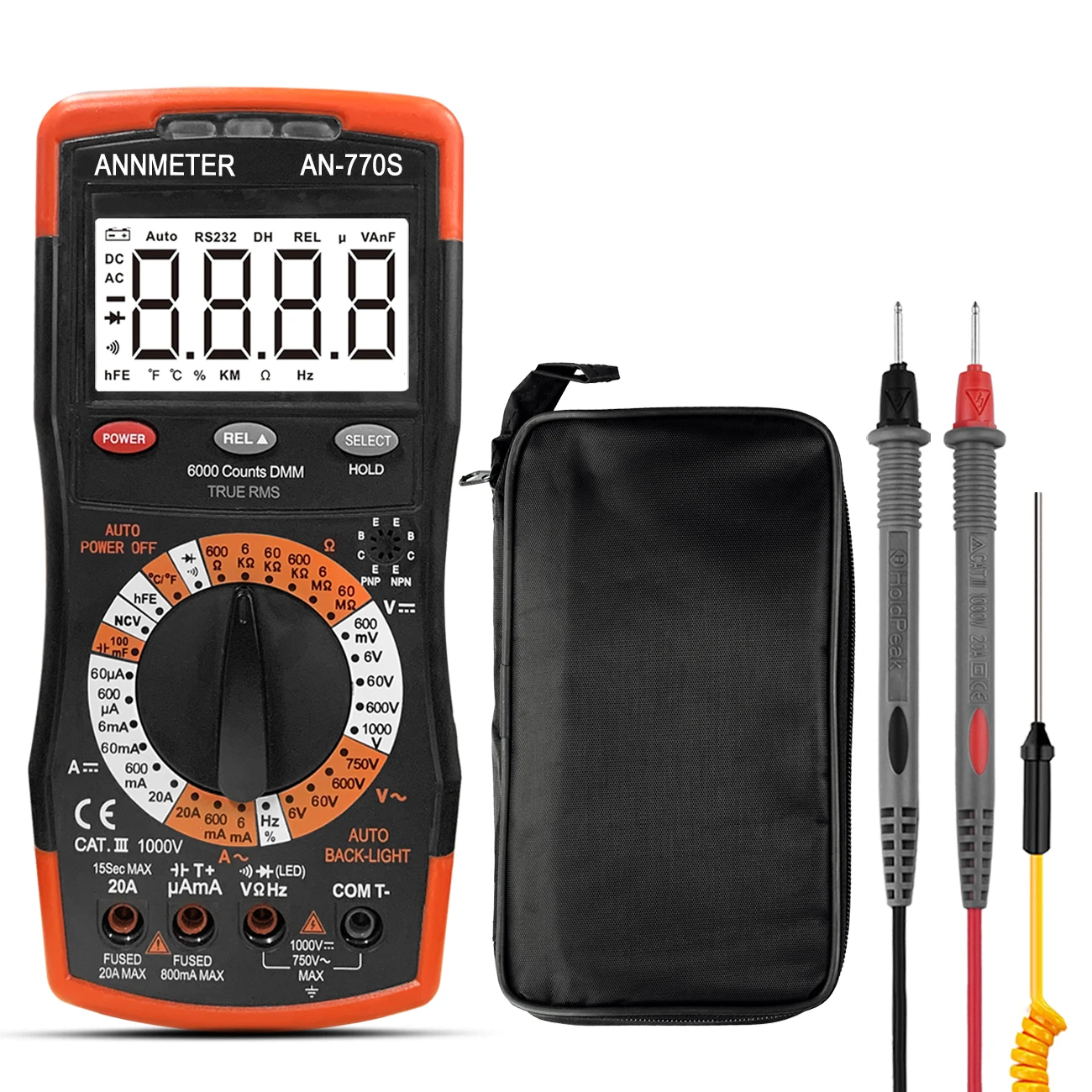 AN-770S Digital Multimeter - Auto-Ranging 6000 Counts, True RMS DC & AC Voltmeter, Ohm, Amp and Capacitor Tester, with Frequence