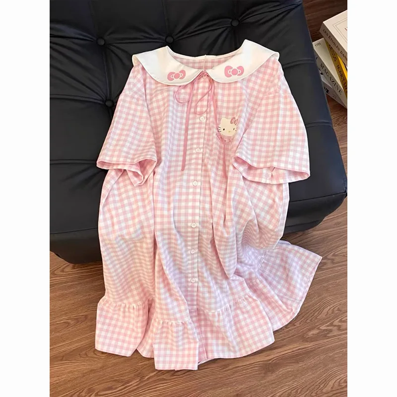

Sanrio Sweet Plaid Hello Kitty Women's Sleeping Skirt Spring/Summer Short Sleeved Dress Home Clothes