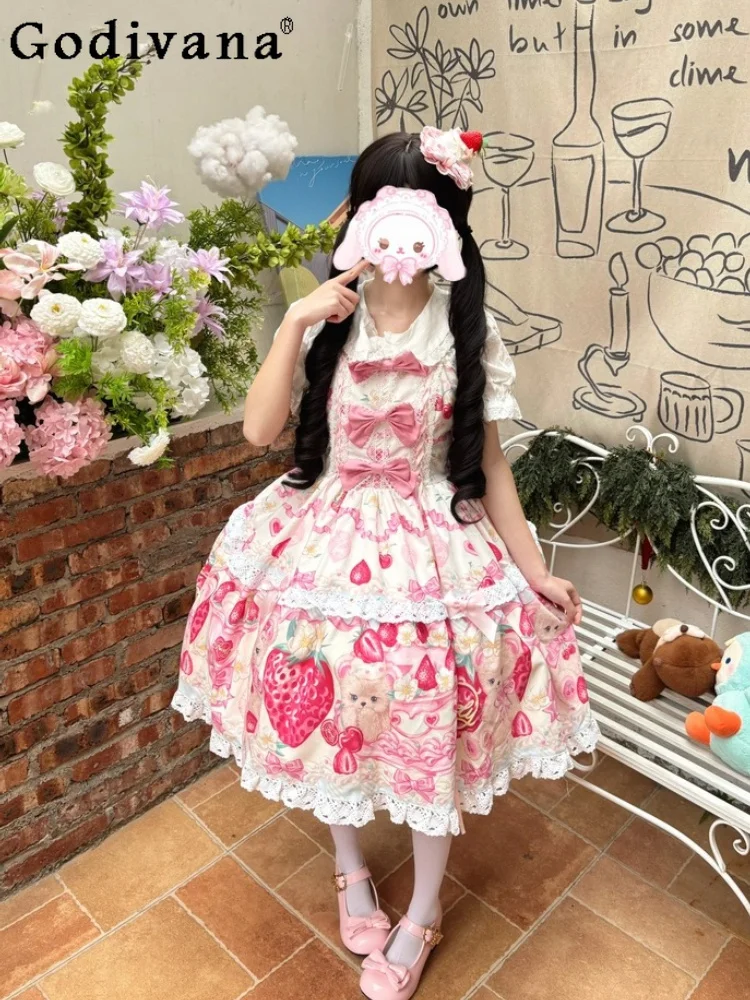 

Sweetheart Girl Strawberry Cartoon Bear Print Lolita Jsk Dress Japanese Original Cute Doll Bow High Waist Fluffy Princess Dress