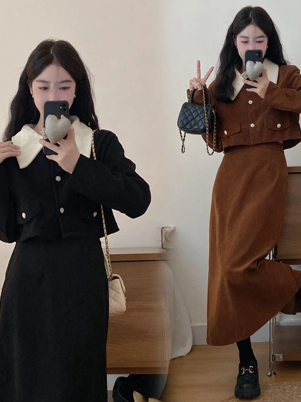 Conjunto retrô de veludo Faion outono cor Blo gola de boneca ort Jaet emagrecimento f saia terno de duas peças chinês Sle feminino...