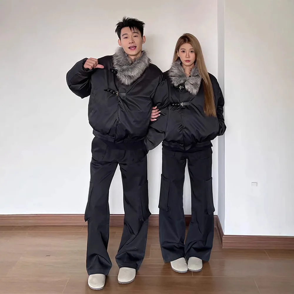 American fur collar jacket, men's winter short thickened mountain carving jacket, deconstructed design, cotton coat for couples