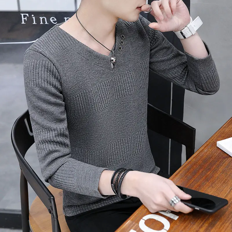 Fashion V-Neck Spliced Button Solid Color T-Shirt Men\'s Clothing 2024 Spring New Loose All-match Pullovers Tops Korean Tee Shirt