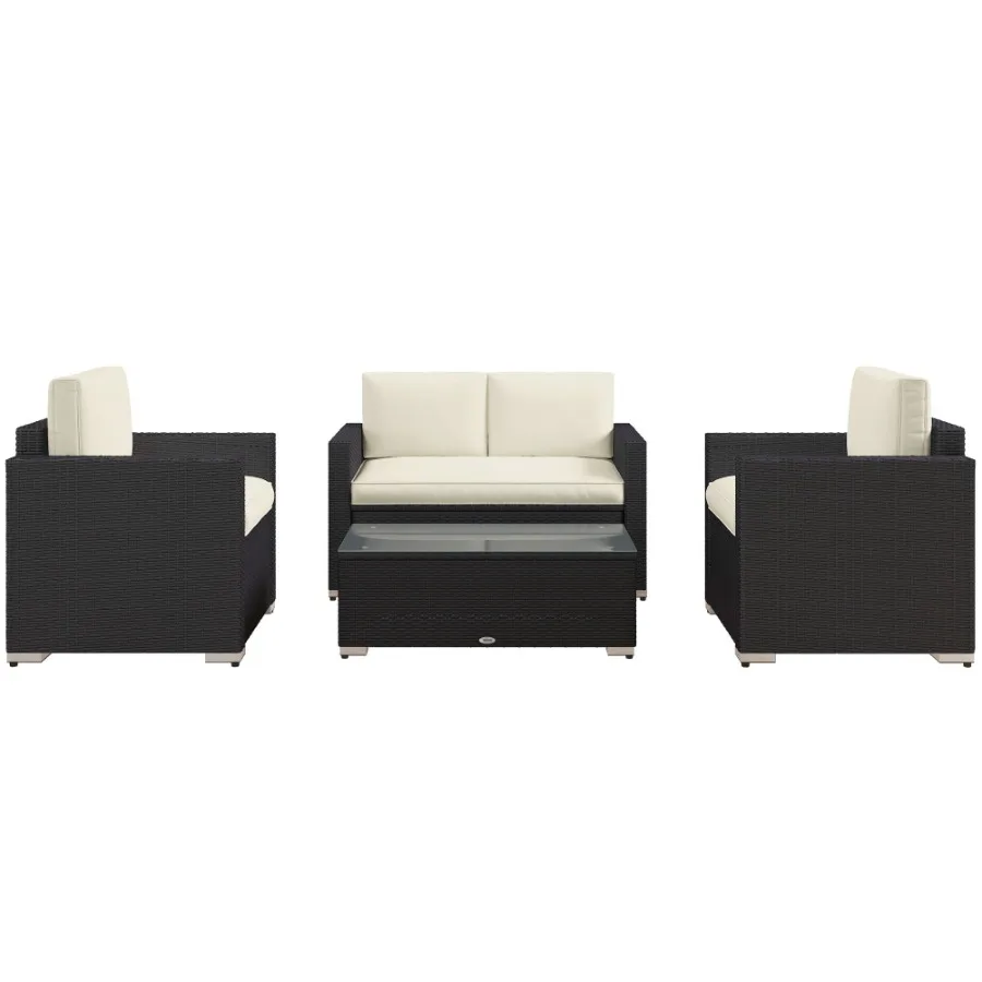 

4 Pieces Rattan Sofa Set Wicker Patio Sofa Set with Loveseat Chairs Glass Top Coffee Table for Garden Outdoor Cream