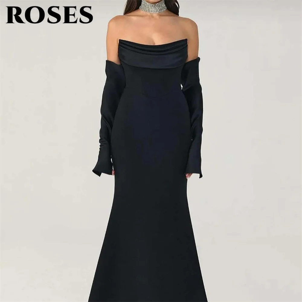 

ROSES Black Saudi Arabia Prom Dress Gown Pleat Formal Gown Off the Shoulder Trumpet Scoop Evening Gown فساتين سهرة Cus