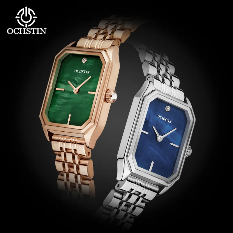 

OCHSTIN Rectangular Case Green Dial Simple Quartz Watch Ladies Elegant Stainless Steel Wristwatches Luxury Branded Female Clock