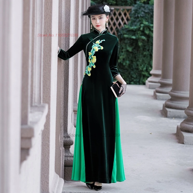 

2025 vietnam traditional dress ao dai national flower embroidery velvet cheongsam improved qipao party banquet evening dress