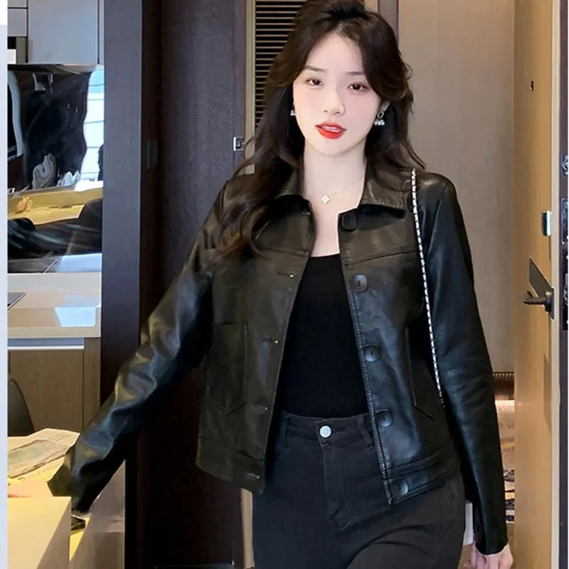Preto único breasted jaqueta de couro do plutônio 2025 outono inverno novo feminino engrossar casaco de couro curto feminino motocicleta outwear topo