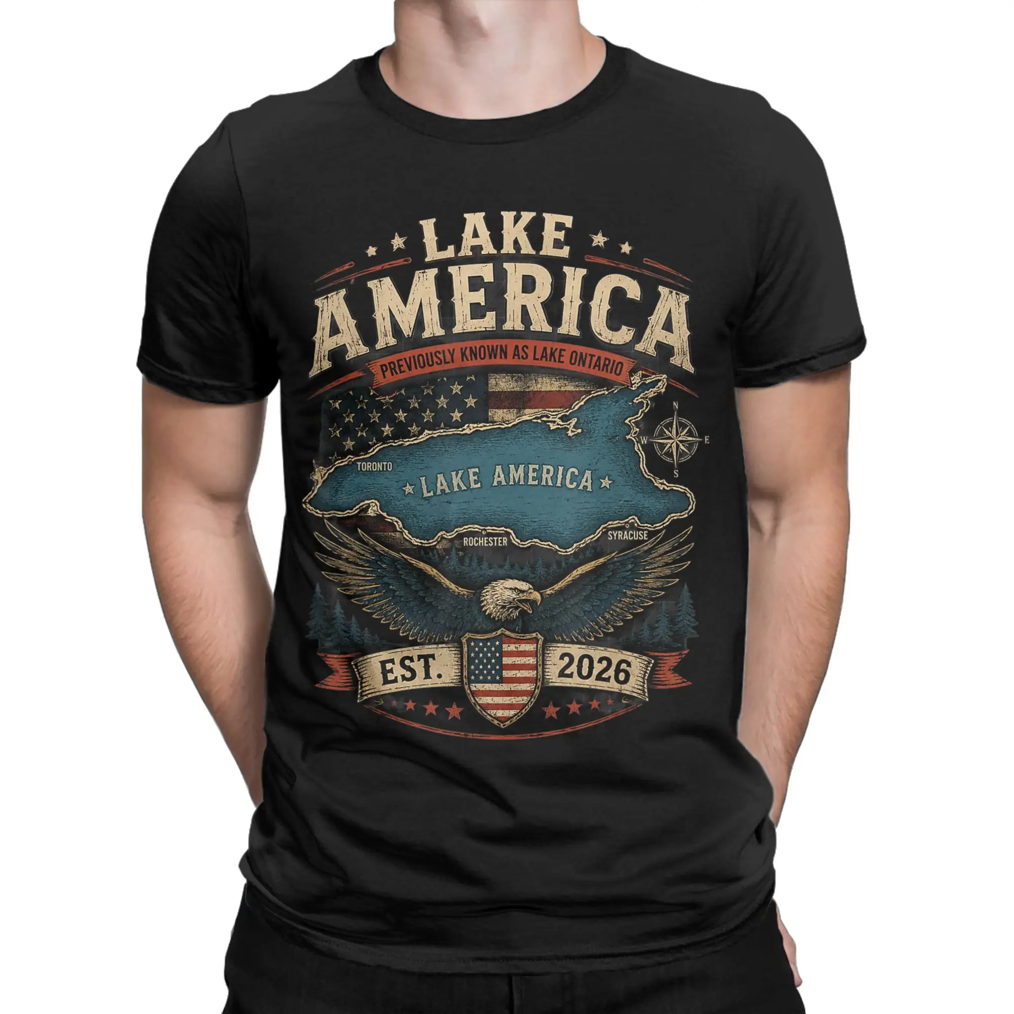 Men's Lake America USA Previously Funny Patriotic T-Shirts 100 Cotton Tops Summer Short Sleeves T-Shirt Round Neck Tee Shirt