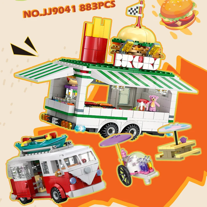 IN STOCK JJ9041 MOC Creativity Mobile Burger Truck Building Blocks Model Bricks Assembling Toys for Children Christmas Gift Set