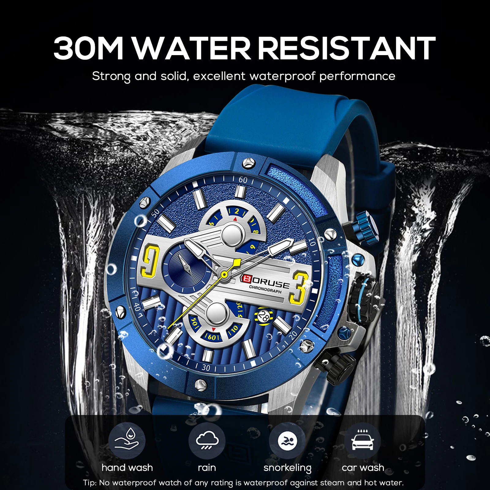 BORUSE Business Quartz Blue Watch for Men Luxury Wristwatches Chronograph Waterproof Casual Clock Montre Homme