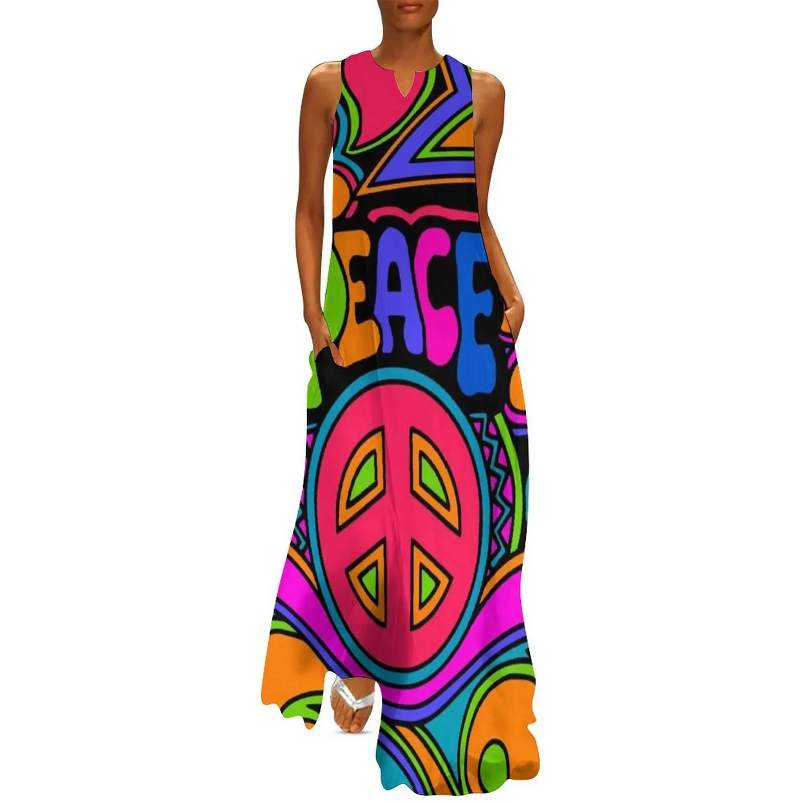 

Fun and Funky Flower Power Peace and Love Hippy Art Long Dress Women's summer dress Casual dresses dresses for woman 2025 Dress