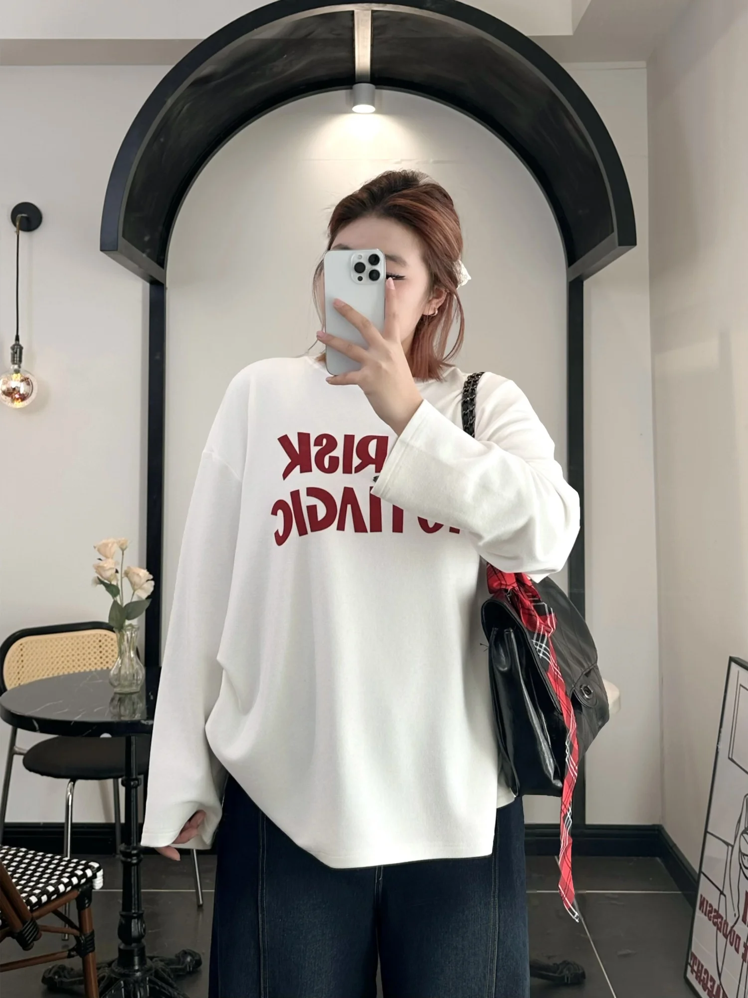

plus Size Women's Long Sleeve Fleece Lined T-Shirt Korean Style Slimming Inner Wear Commute Friendly Standard Fit round Neck