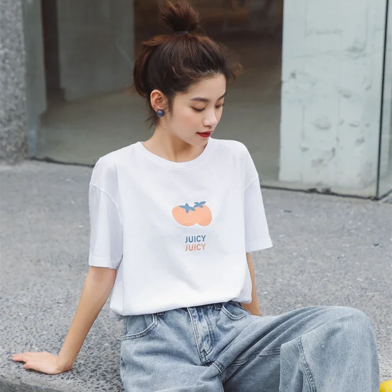 Women Casual Round Neck Short Sleeve Kawaii Tops 2024 New Cute Fruit Print T-shirts Female Summer Sweet Korean College Tees Ins