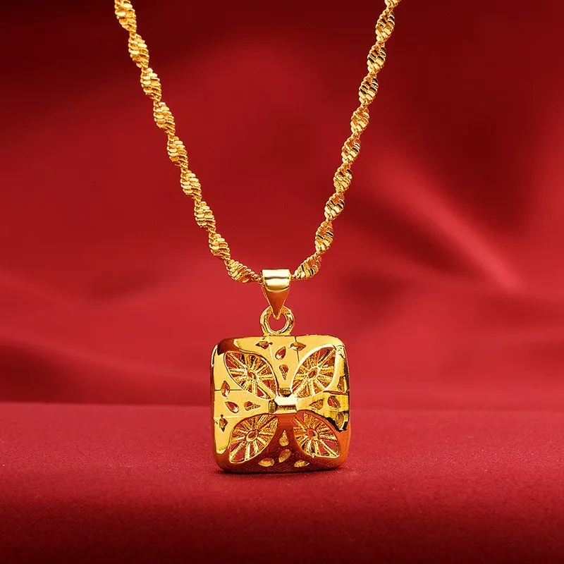 

New AU999 gold 24K pure gold necklace pendant ladies real gold jewelry clavicle chain square hollow pendant for girlfriend gift