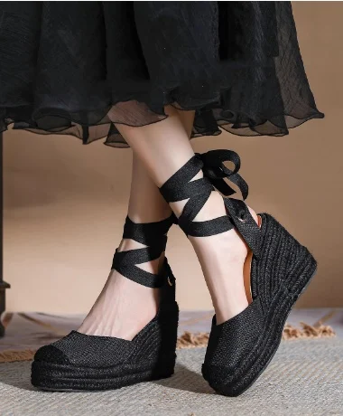 

Retro Style Ankle Strap Round Toe Platform Summer Women Sandals Weave Wedges High Heels Lace Up Design Large Size Shoes
