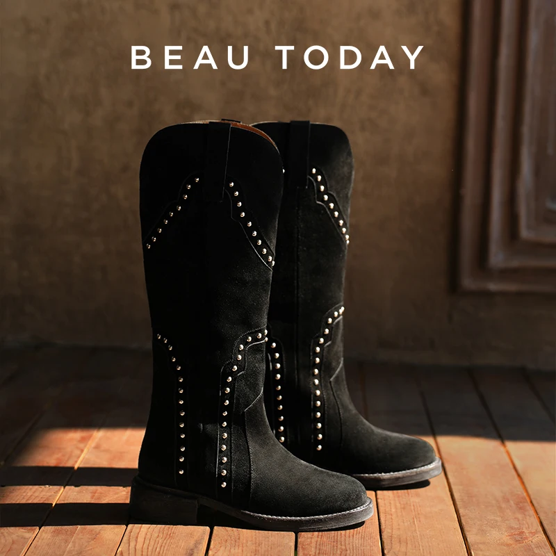 BEAUTODAY Long Boots Women Genuine Cow Suede Leather Sewing Round Toe Solid Color Slip-on Ladies Shoes Handmade 01225