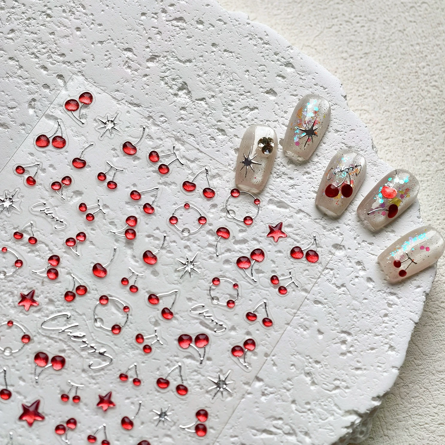 素敵なミニレッドチェリーゼリースターサンフルーツチャーミングシルバー 3D 5D 自己粘着ネイルアートステッカーかわいいマニキュアデカール卸売