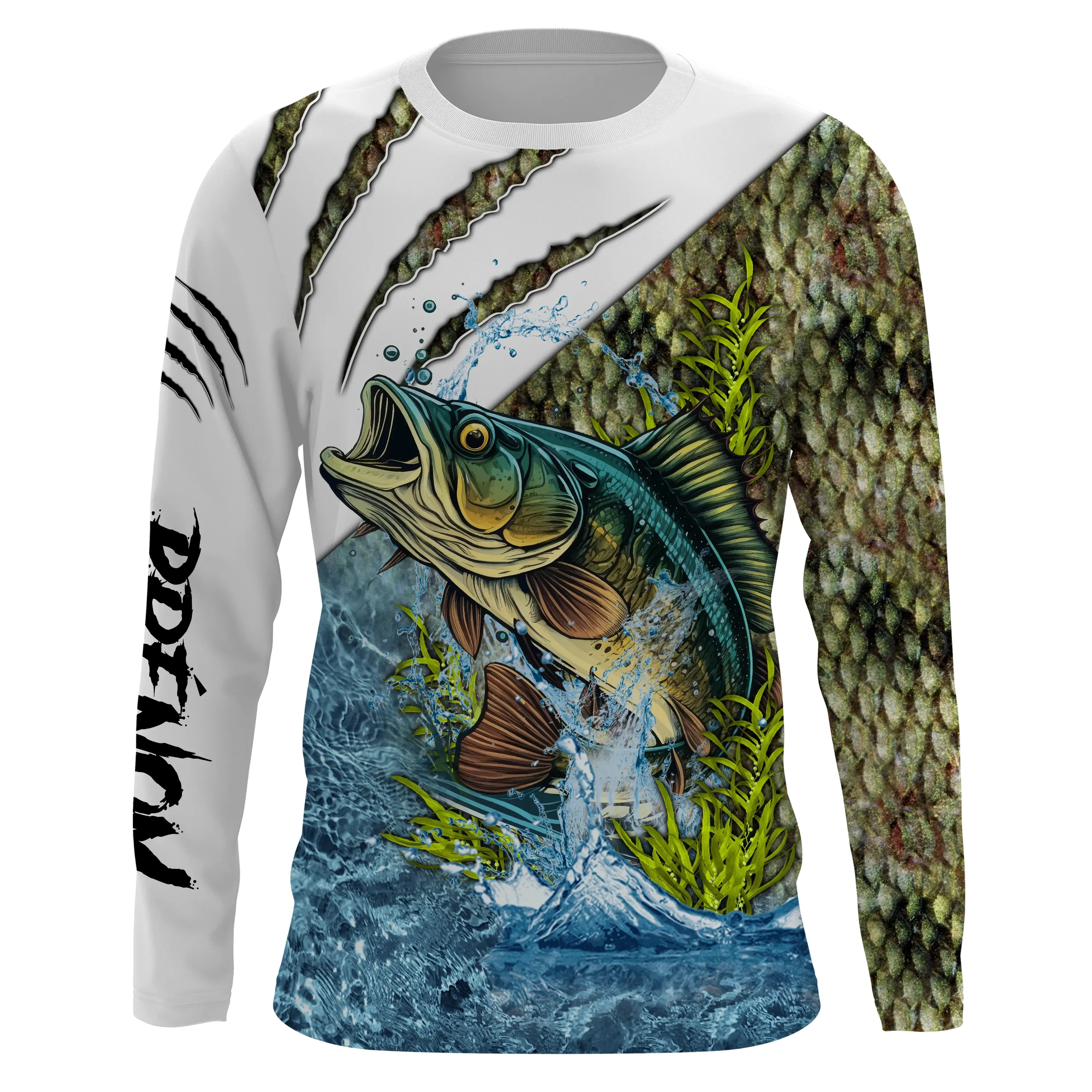 Claw Rip Splicing Leaping Bass Print Crew Neck Long Sleeve Tee, Wild Vibe for Daily Wear, Rock Fishing & Trendy Outfits