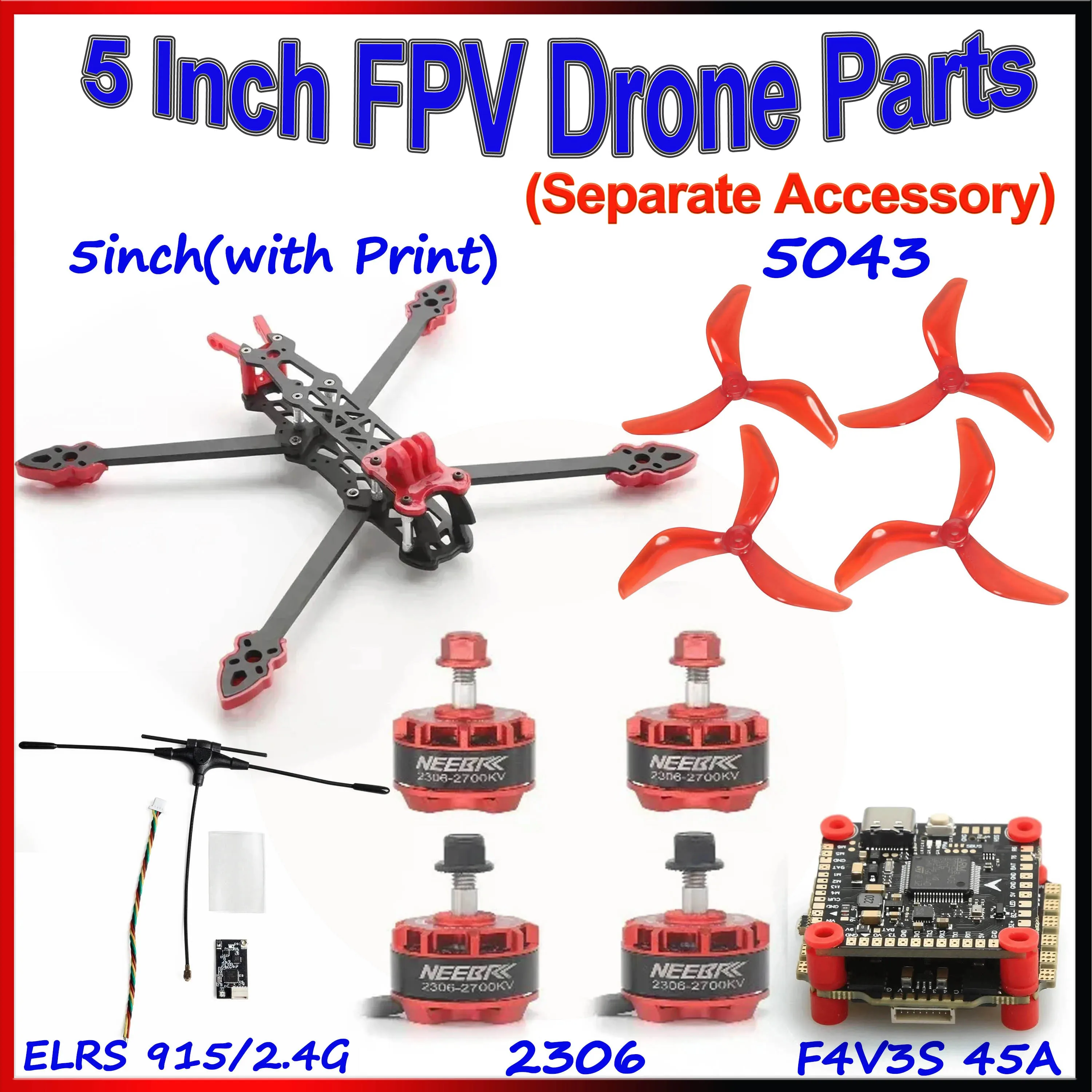 

Комплект Mark4: 5-дюймовая рама, мотор 2306, стек F4V3S 45A, двухдиапазонный приемник ELRS 915 МГц 2.4 ГГц, пропеллеры 5043, камера 1800TVL для FPV-дрона (запчасть)