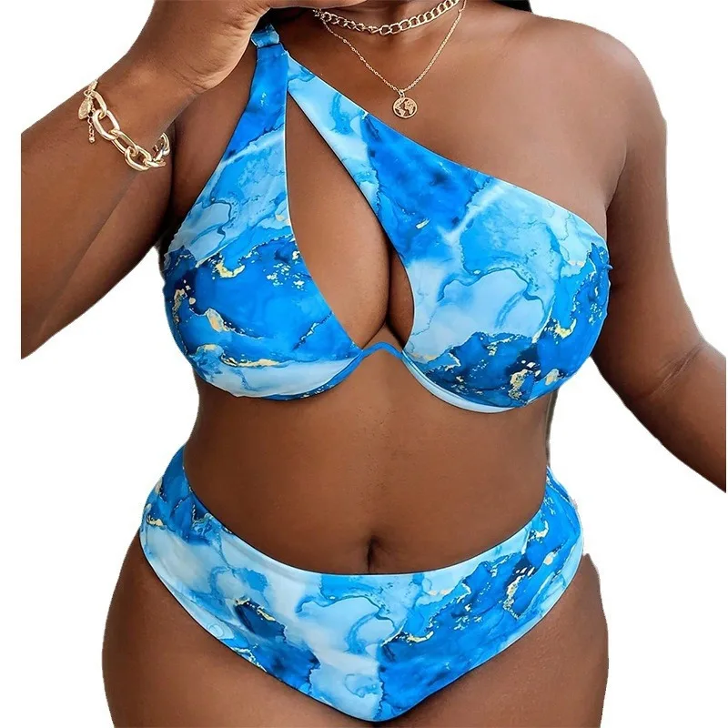 Swimsuit Women\'s Printed Steel Support Gathered One Shoulder Hollow Belly Covering Large Size Two-piece Bikini Swimsuit