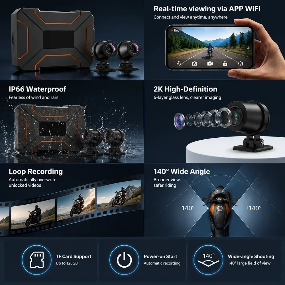 New 2K 1080P Dual Front Rear Lens Hidden Motorcycle Dash Cam IP66 Waterproof WiFi APP Motorbike DVR Recorder All Weather Safety