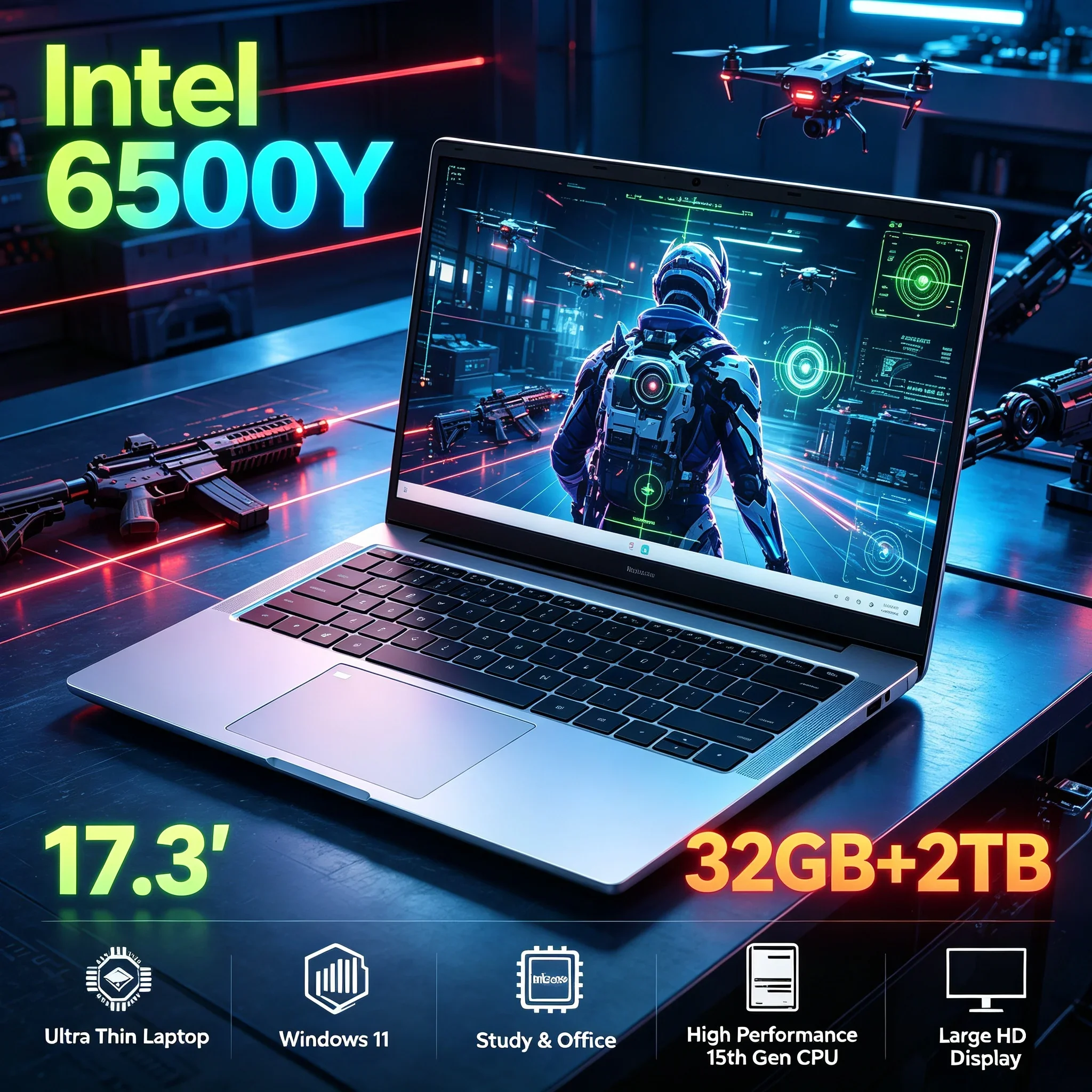 Ultra‑Portable 17.3'' Laptop Intel 6500Y 32GB RAM 1TB 2TB SSD Windows 11 WiFi 6 BT5.2 HD Notebook Computer For Office Home Study
