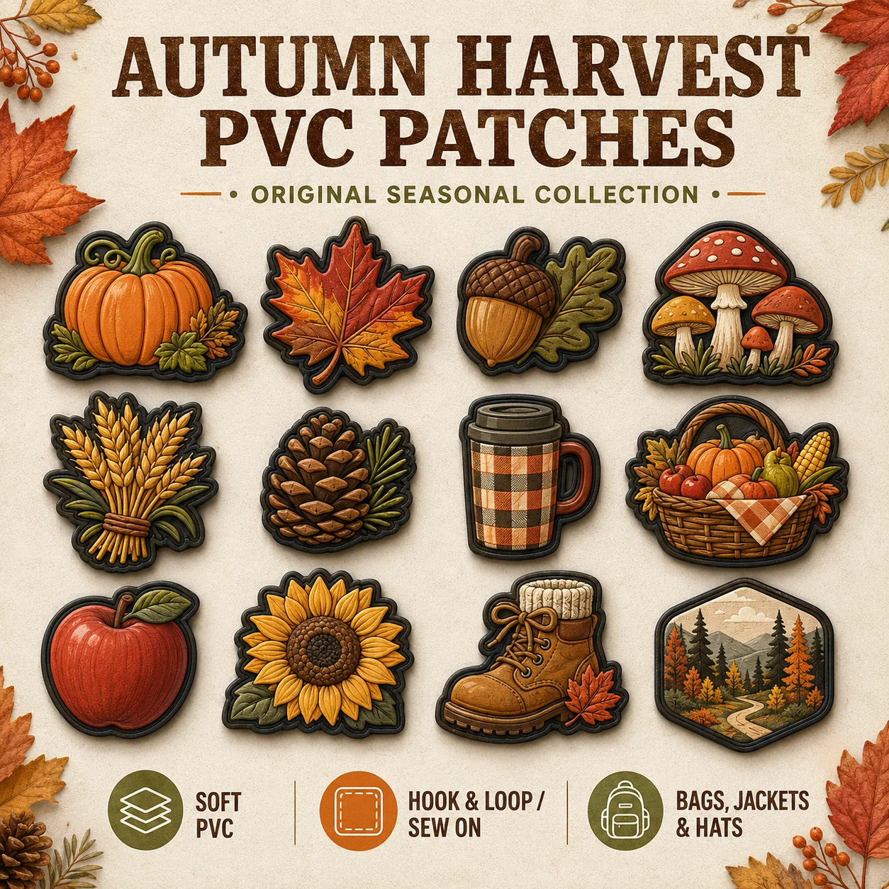 Custom Autumn Harvest PVC Patches Pumpkin Maple Leaf Acorn Mushroom 3D Soft Rubber Hook and Loop for Bags Jackets Hats Fall