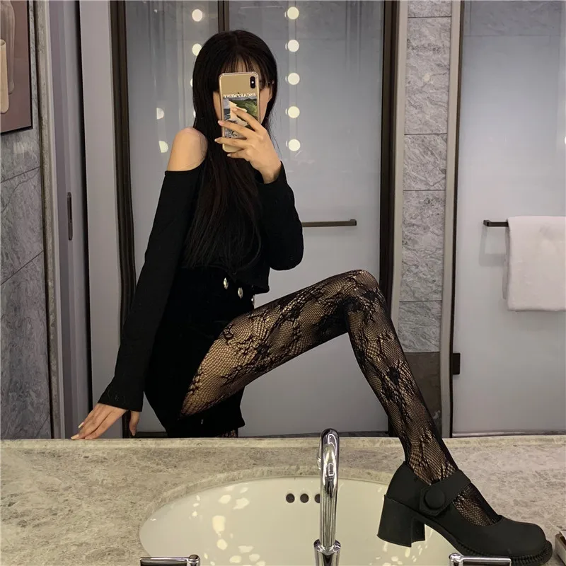 Lolita das mulheres escavar Floral Lace meias arrastão, preto, branco meia-calça, kawaii, gótico Sexy calças justas, frete grátis