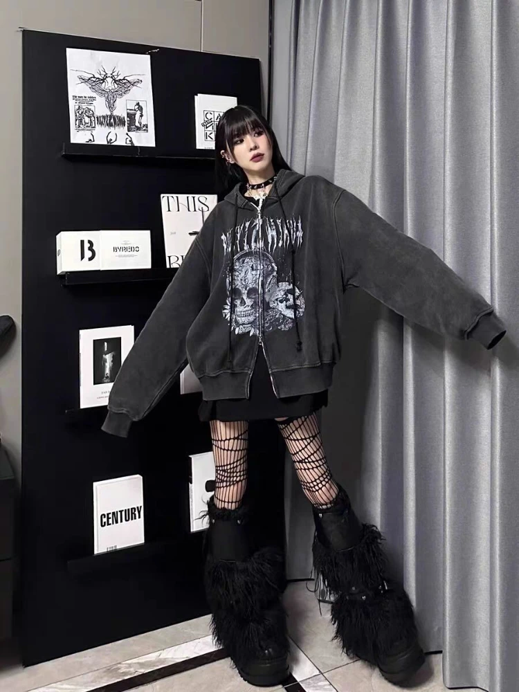 Y2K 빈티지 펑크 스타일 후드 재킷 긴 소매 여성 캐주얼 해골 프린트 디스트레스드 코트 서브컬쳐 지퍼 2025 가을