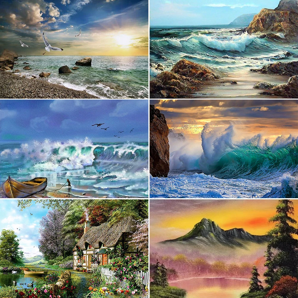 Landscape Water Printed Canvas Cross-Stitch DIY Embroidery Full Kit Painting Handmade Handiwork Craft Package Different Design