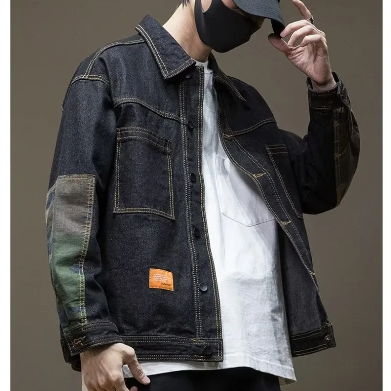 Autumn and Winter Wear Outside Lapel Trend Cuffed Sleeves Mens Jacket Denim Splicing Fashion Simple Korean Version Coats