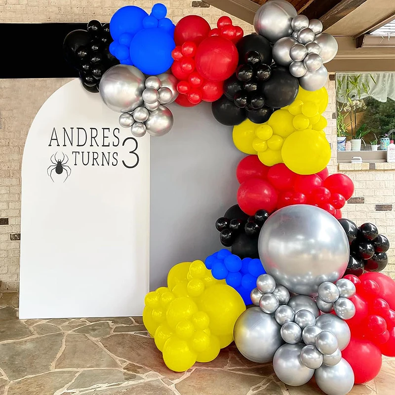 144Pcs Red Blue Yellow Black Balloon Garland Kit with Metallic Silver Balloons for boys girls Birthday Party Background Decor