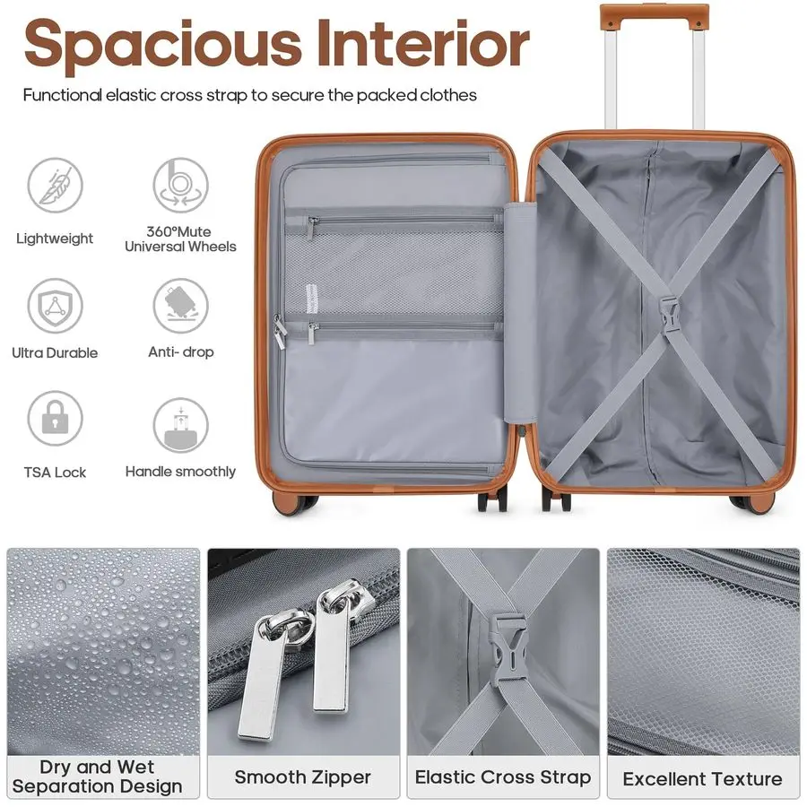 ピースラゲージセット 20インチ 機内持ち込みスーツケース スピナーホイール付き、PCハードシェル TSAロック、拡張可能＆完全裏地付きインテリア、AI
