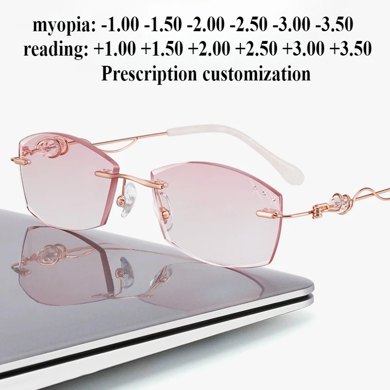 

Сверхлегкие женские очки без оправы из чистого титана 55 мм, очки для чтения с защитой от синего света и огранкой по краям для пресбиопии