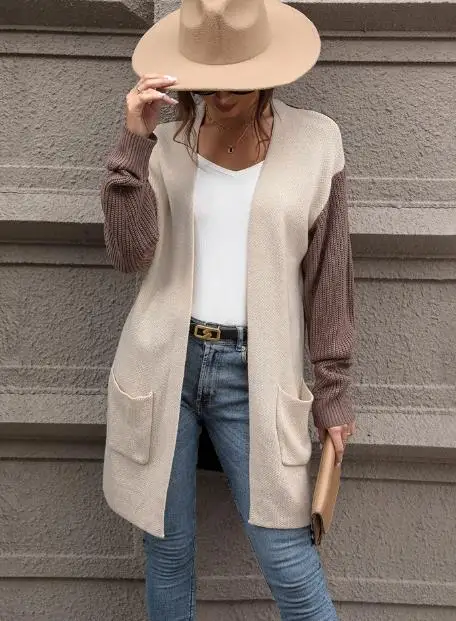 Damen-Strickjacke, 2025, Herbst und Winter, neue Mode, neuester heißer Verkaufsstil, langärmeliger, farbblockierter Pullover, Strickjacke