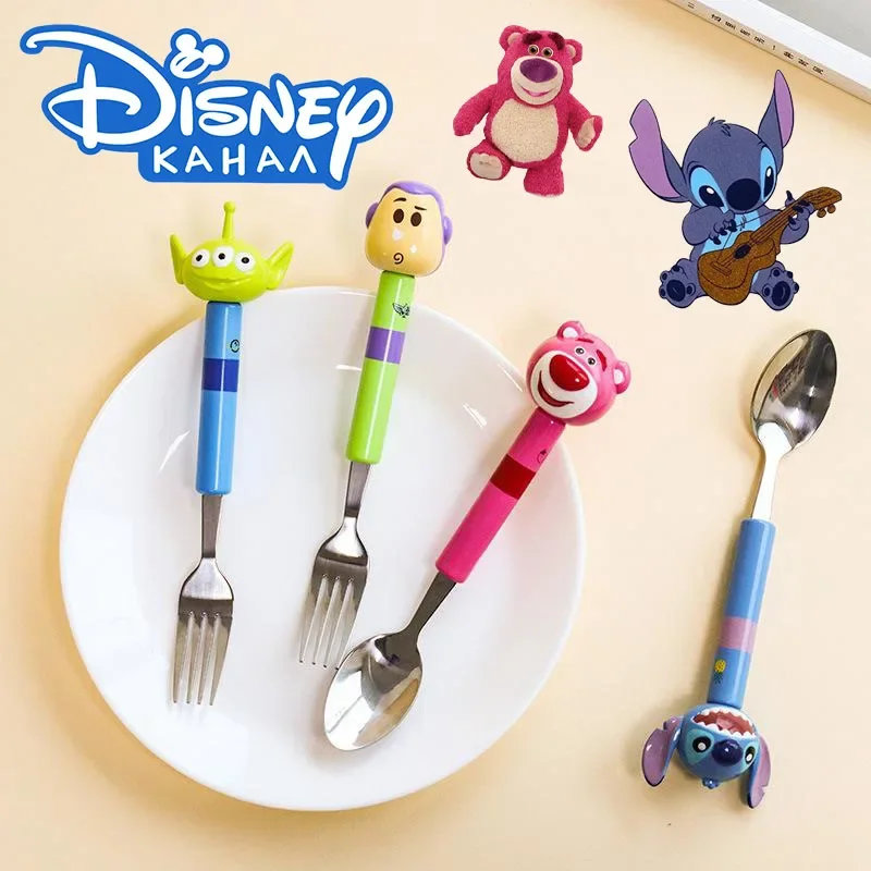 Disney Stitch cucchiaio in acciaio coltello e forchetta Lotso Cartoon Anime cucchiaio set stoviglie bambini cucchiaio di riso forchetta carino