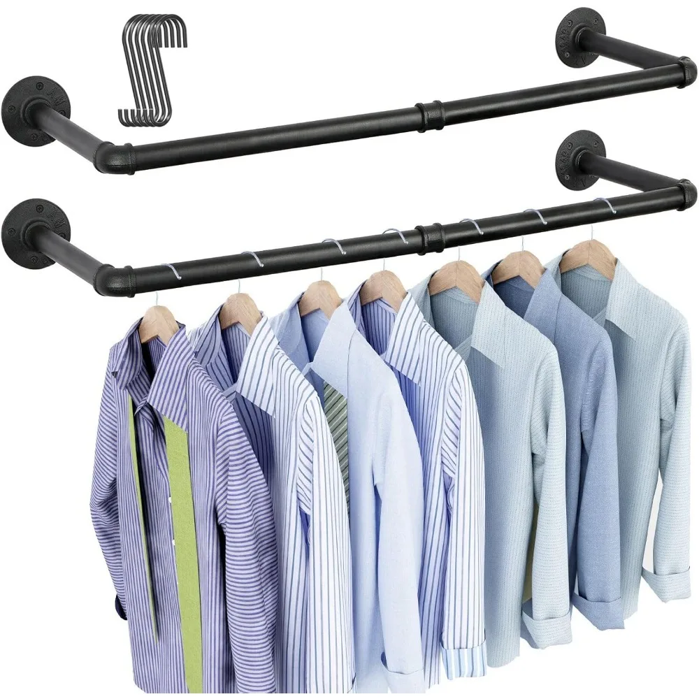 

Industrial Pipe Clothes Rack Wall Mounted Set of 2 Heavy Duty Iron Pipe Garment Rail Hanging Rod for Laundry Room Closet