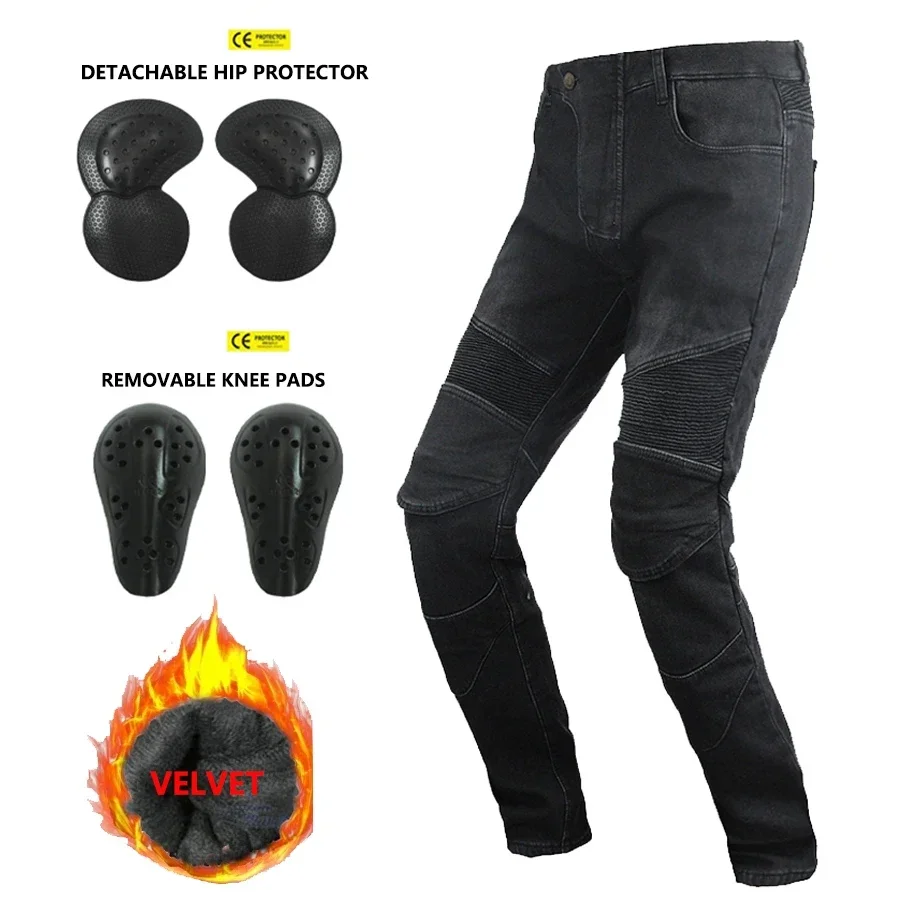 Jeans d'équitation de moto imperméables avec genouillères, pantalons chauds, équipement de protection, extérieur, sourire, hiver