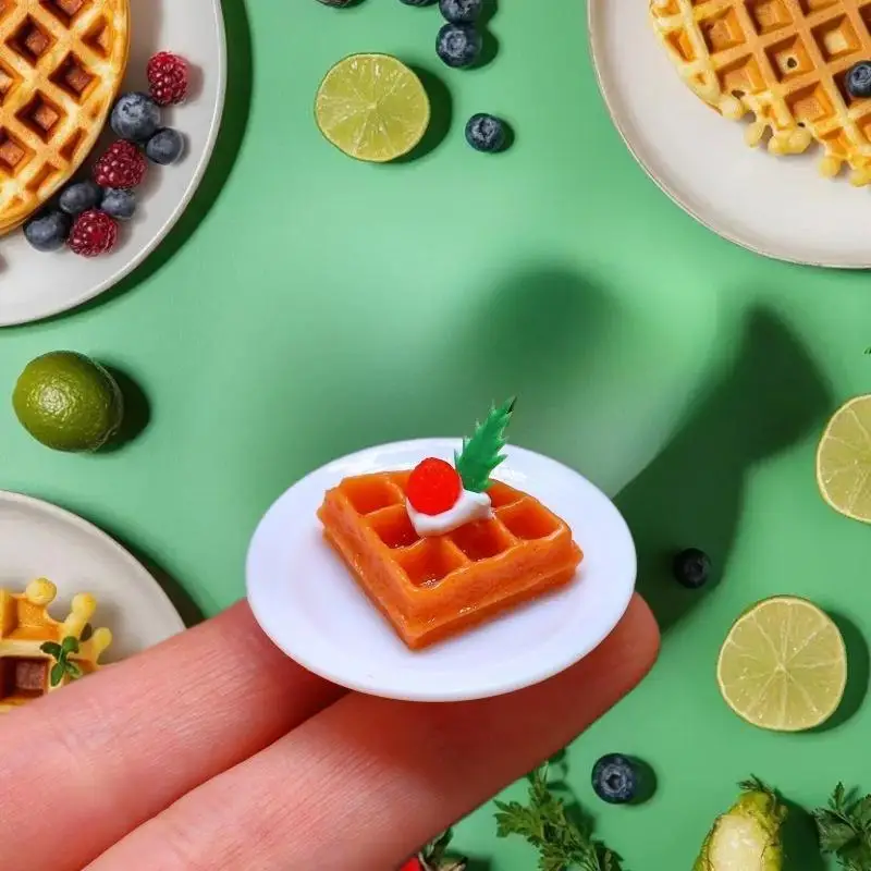 ドールハウス用ごっこ遊びデラックス4点セット - ミニ手作りキッチンワッフルミルクフードおもちゃとシーン小道具付き