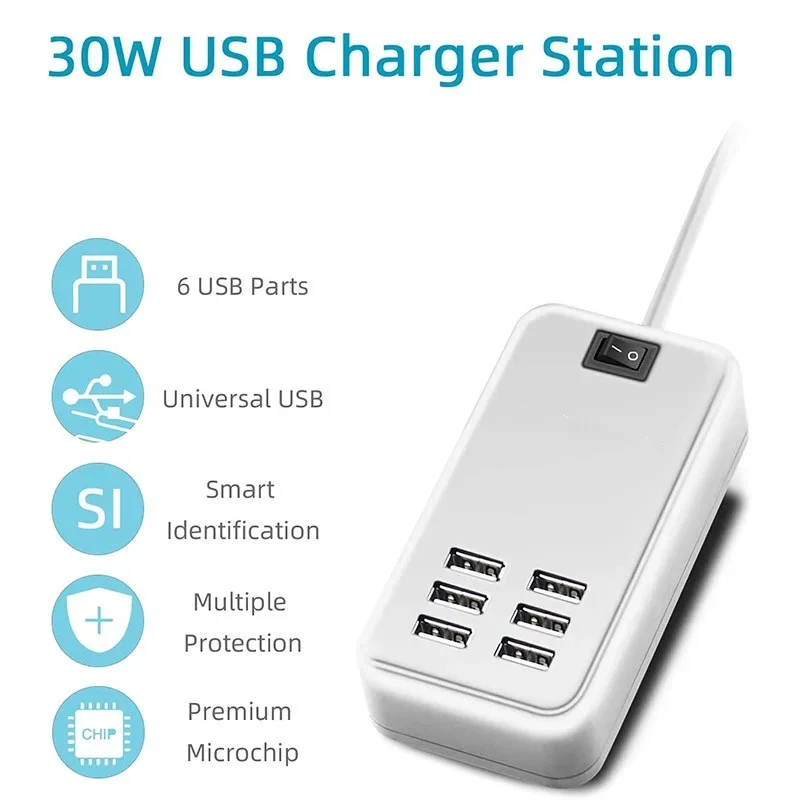 6 Ports USB Charger Station EU US Plug 5V 3A Wall Adapter With Switch for iPhone iPad Samsung Android Phone Quick Charging