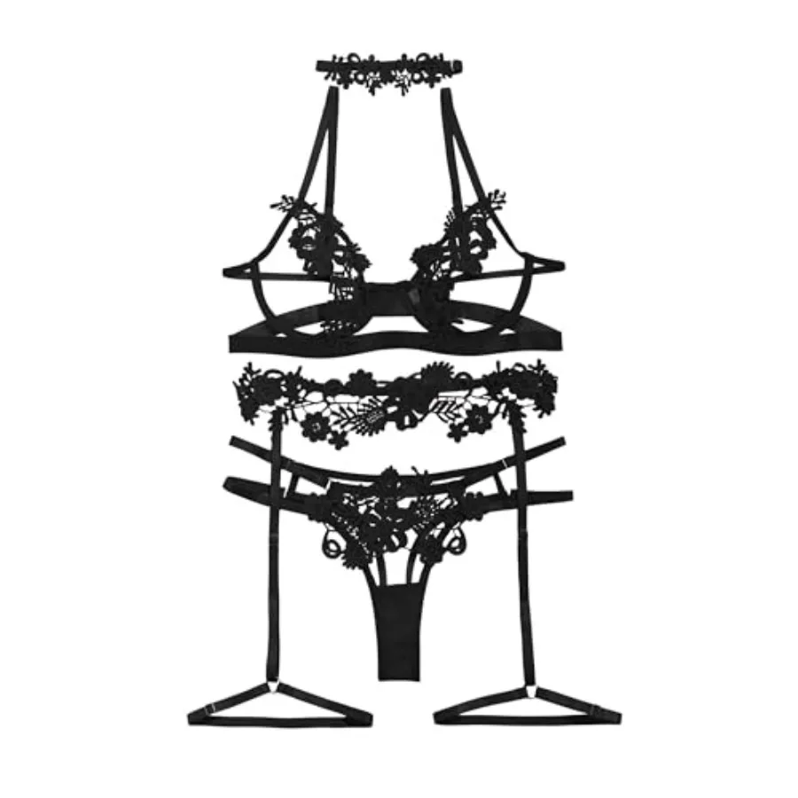 

Lilosy Sexy Cute Applique Embroide Underwire Push Up Garter Belt Chocker Lingerie Set
