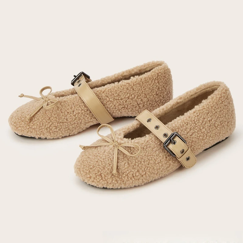 

Осень-зима, пушистые плюшевые удобные туфли на плоской подошве, женские элегантные балетки с милым бантом и пряжкой на ремне, нескользящие хлопковые туфли на мелкой подошве